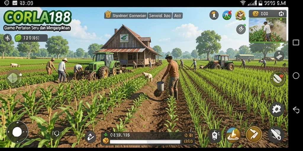 Tampilan gameplay CORLA188 yang menampilkan aktivitas bertani di ladang.