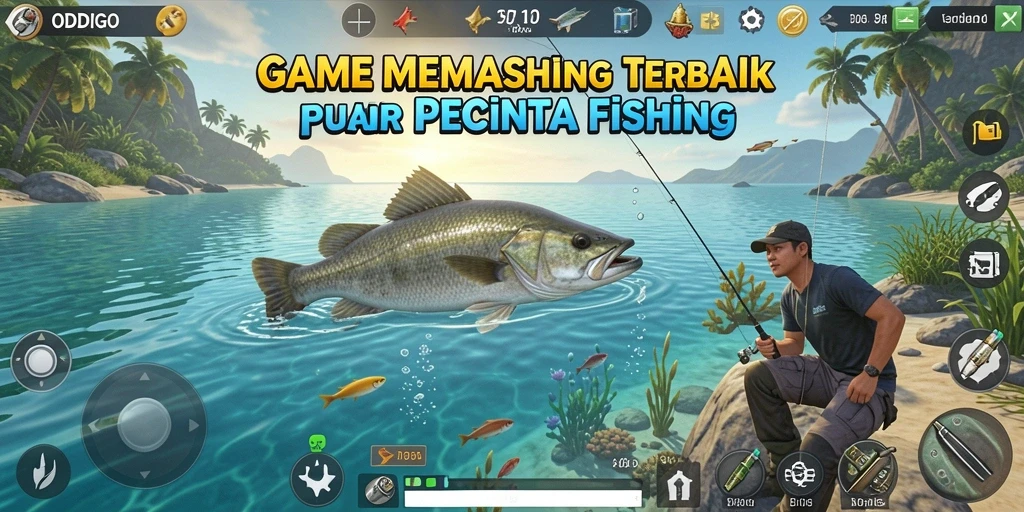 Screenshot utama ODDIGO menampilkan gameplay memancing yang menawan.