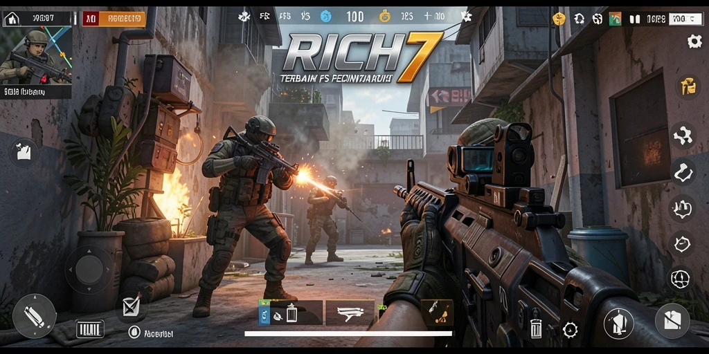 Tampilan gameplay RICH7 yang mengasyikkan dalam aksi FPS epic.
